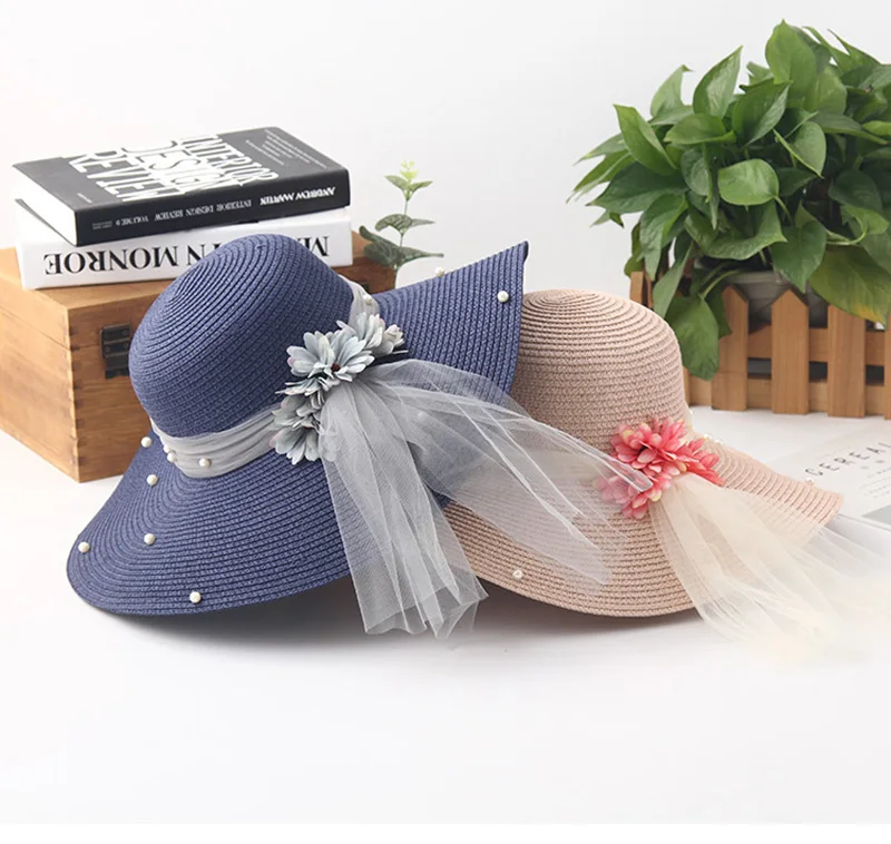 Women Flower Foldable Straw Hat Fashion Pearl Mesh Cap Summer Ladies Wide Wave Brim Beach Hats Handmade Sun Caps CP0221 (3)