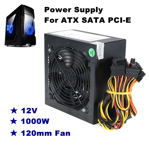 

1000W Power Supply 120mm Fan Active PFC 80 Efficient 2-PCIE LED Fan Gaming ATX PC Power Supply