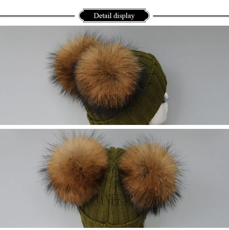 Зимний двойной шарик из меха енота помпон вязаные шапочки зимние шапки для женщин меховая шапка