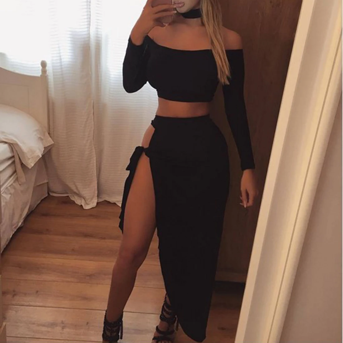 

Sexy Two Piece Set Dress Women Off Shoulder Crop Top Choker+Slit Long Skirt Suit Long Sleeve Shirt Asymmetric Party Club Dresses