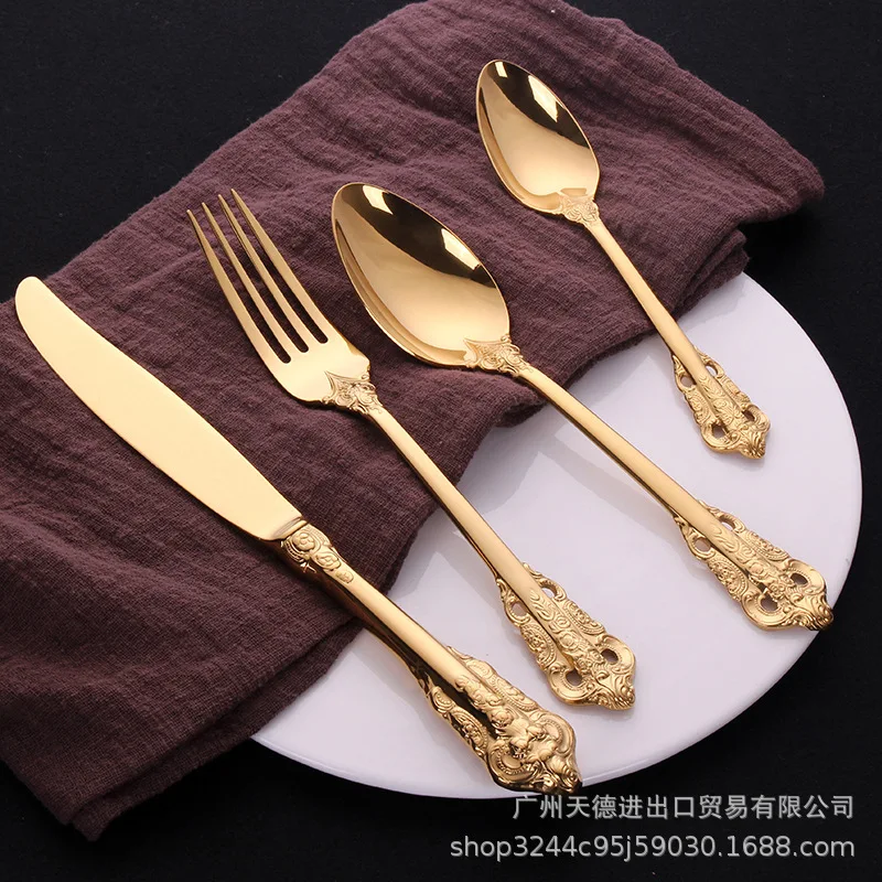 

Gorgeous Royal Tableware Lot 4pcs 304 Stainless Steel Dinnerware Knife Fork Spoon Luxury Golden Fashion Flatware Set