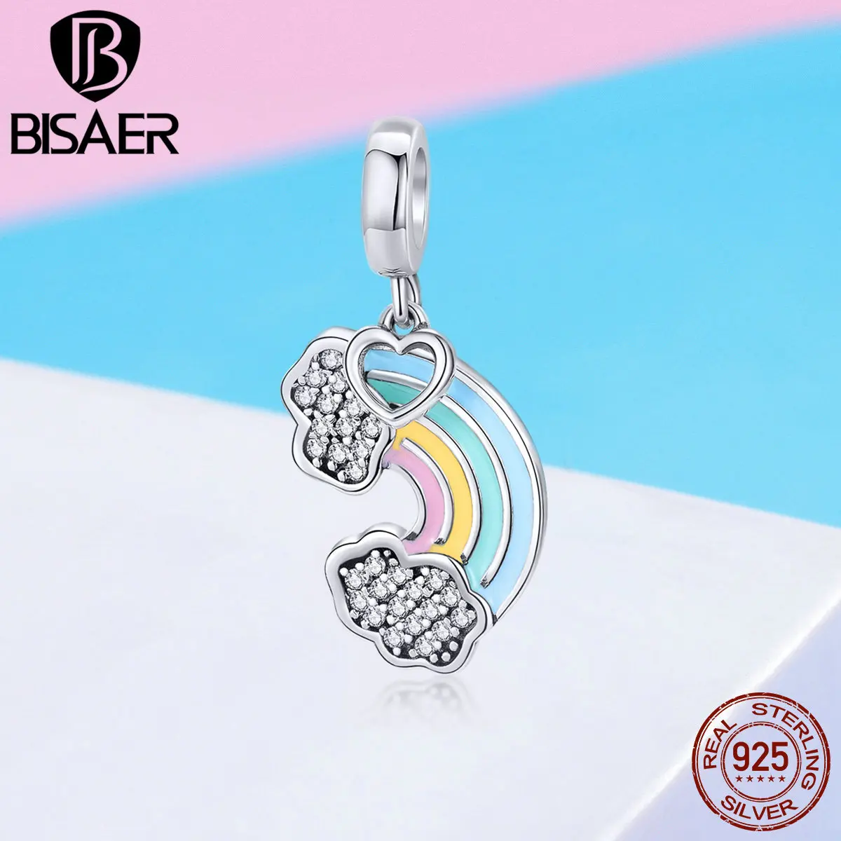 

BISAER 925 Sterling Silver Hot Sale Rainbow Heart Enamel Charms Beads fit Original Bracelets Silver 925 Jewelry Making ECC905