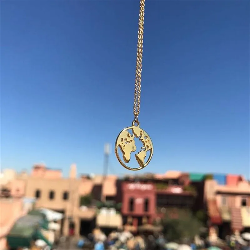 

100% 925 Sterling Silver Personalized Globe World Map Pendant Necklace Long Chain Earth Day Gift Necklace For Women Friends