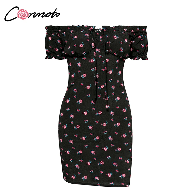 Conmoto Облегающее платье с открытыми плечами, сексуальное платье для вечеринок со шнуровкой, короткое винтажное летнее платье - Цвет: Черный