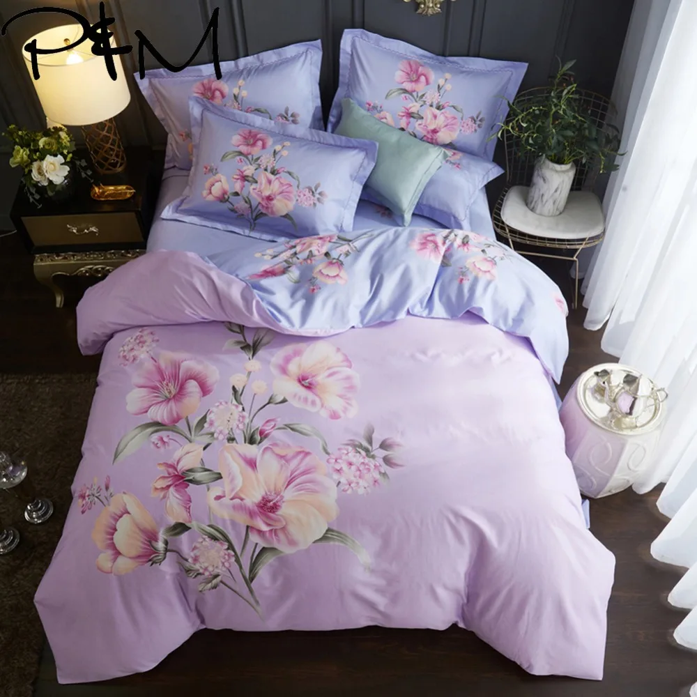 

Papa&Mima Flowers print Pastoral style Bedding Sets Queen King Size Cotton Bedlinens Four Seasons Duvet Cover Set