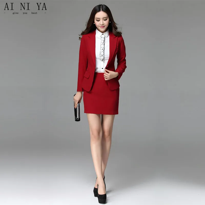 Women Skirt Suits Red Elegant Autumn Formal Wear To Work Office ...