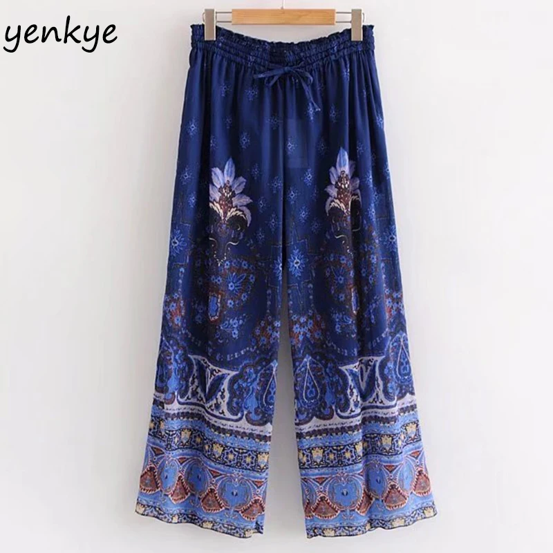 2018 Women Vintage Printed Casual Beach Pants Female Drawstring High