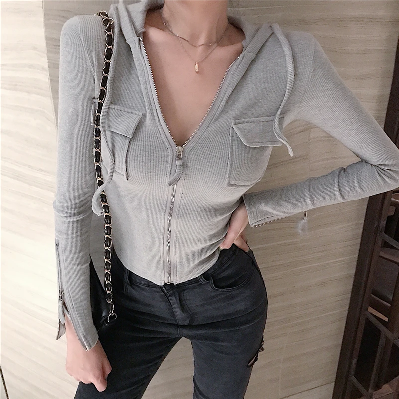 

2019 autumn and winter women's sexy cardigans elastic hooded full-sleeve blouse waist hollow out knitted crop blouse
