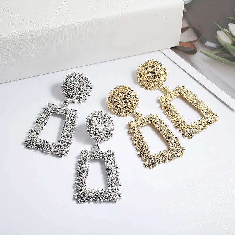 

2019 New style metal exaggerated geometric shape large slope drop personality double concave and convex gold / silver earring