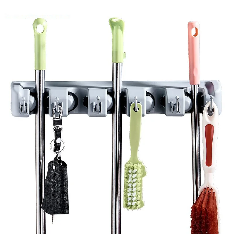 FEIGO الفولاذ المقاوم للصدأ 5 ثقوب 6 السنانير ممسحة شماعات مكنسة مظلة رف مطبخ شرفة الحمام الحائط تخزين الرف F694