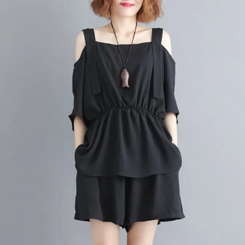 

#0805Off Shoulder Suspender T Shirt Short Sleeve Summer Sexy 2 Piece Shorts Set Women Black Loose Casual Crop Top Two Piece Sets