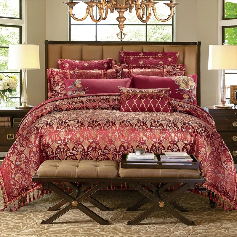 4 6pcs Burgundy Color Luxury Elegant Quality Palace Bedding Set