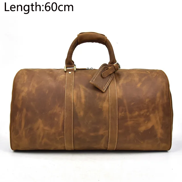 brown 2 (60cm) Мужская сумка для путешествий из натуральной кожи 24 дюйма, дорожная сумка из натуральной кожи, большая винтажная сумка из кожи crazy horse на молнии, сумка-мессенджер для выходных - Цвет: brown 2 (60cm)
