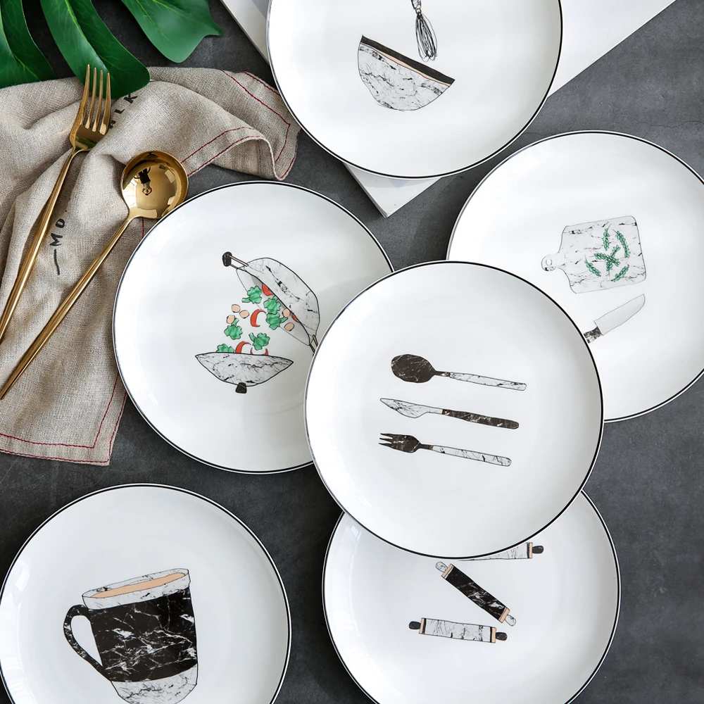 

8 inch dinner plates Japan style round ceramic fork printed in-glazed porcelain creative steak dish and plate food container 1pc