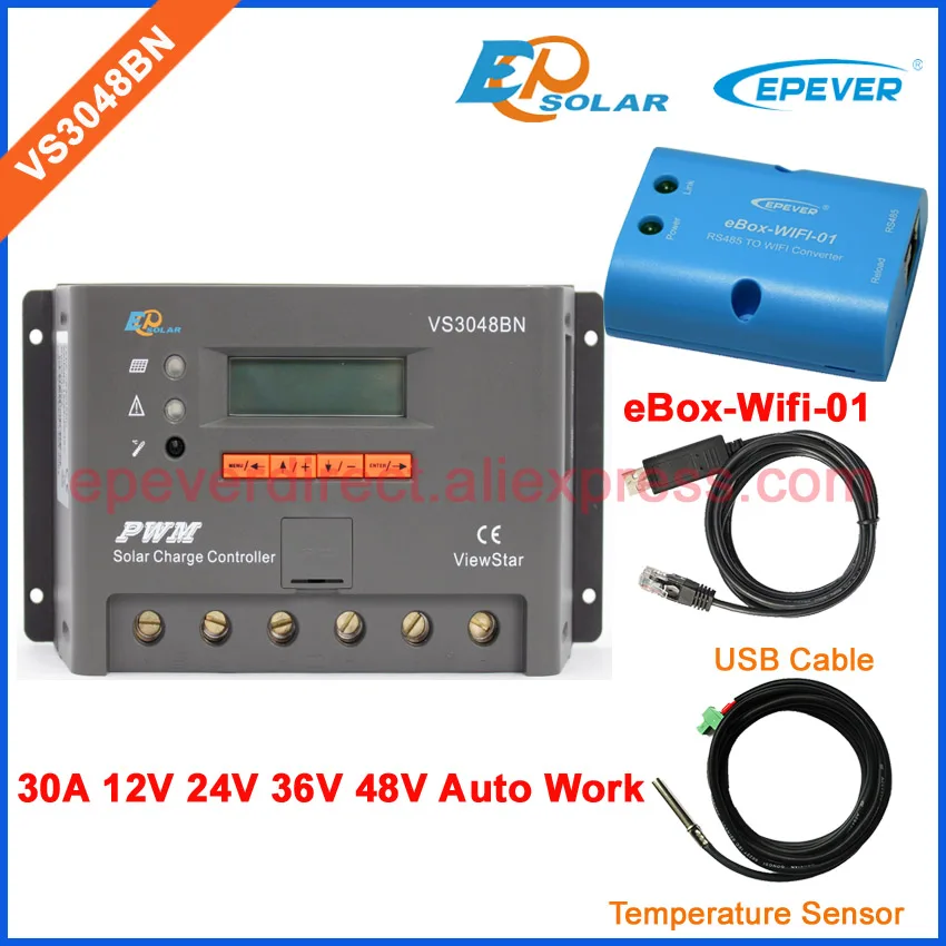 ШИМ контроллер для солнечной системы панелей VS3048BN ЖК-дисплей дисплей Экран датчик температуры 30A 30 Ампер 12 В/24 В /36 В/48 В работы EPEVER - Цвет: wifi USB and sensor