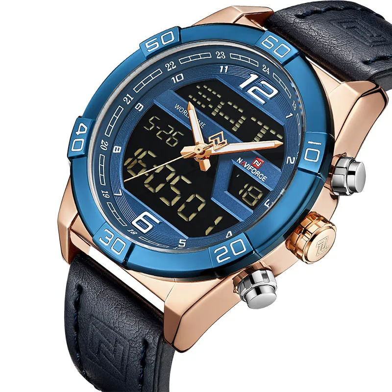 Топ люксовый бренд NAVIFORCE мужские s часы мужские кожаные спортивные часы водонепроницаемые кварцевые цифровые часы мужские армейские военные наручные часы - Цвет: Gold bule