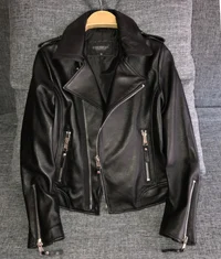Большая распродажа, модная женская мотоциклетная куртка с отложным воротником, одежда из натуральной кожи для женщин, пальто из овчины черного цвета, 2xl 3xl - Цвет: Черный