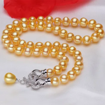 

Women Gift word 925 Sterling real [bright pearl] fresh water, 8mm-9mm gold, nearly round pearl necklace, 925 rich