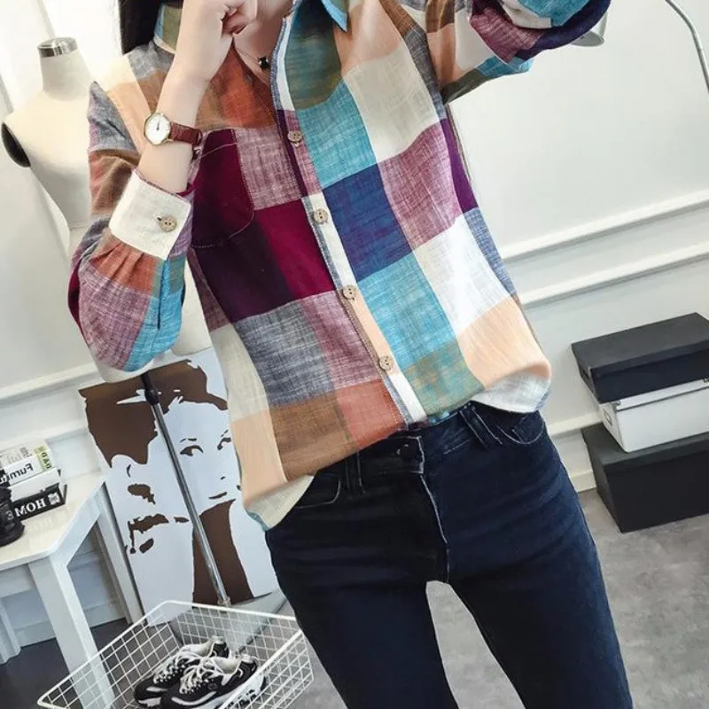 

2019 Spring Fashion Women Casual Loose Cotton Plus Size Multicolor Lattice Shirt Lady Long Sleeve Party Wear Blouses Crops Top