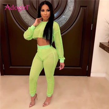 

Adogirl Fashion Sexy Fishnet Two Piece Set O Neck Long Sleeve Crop Top + Pants with Panties Casual Summer Beach Outfits Clubwear