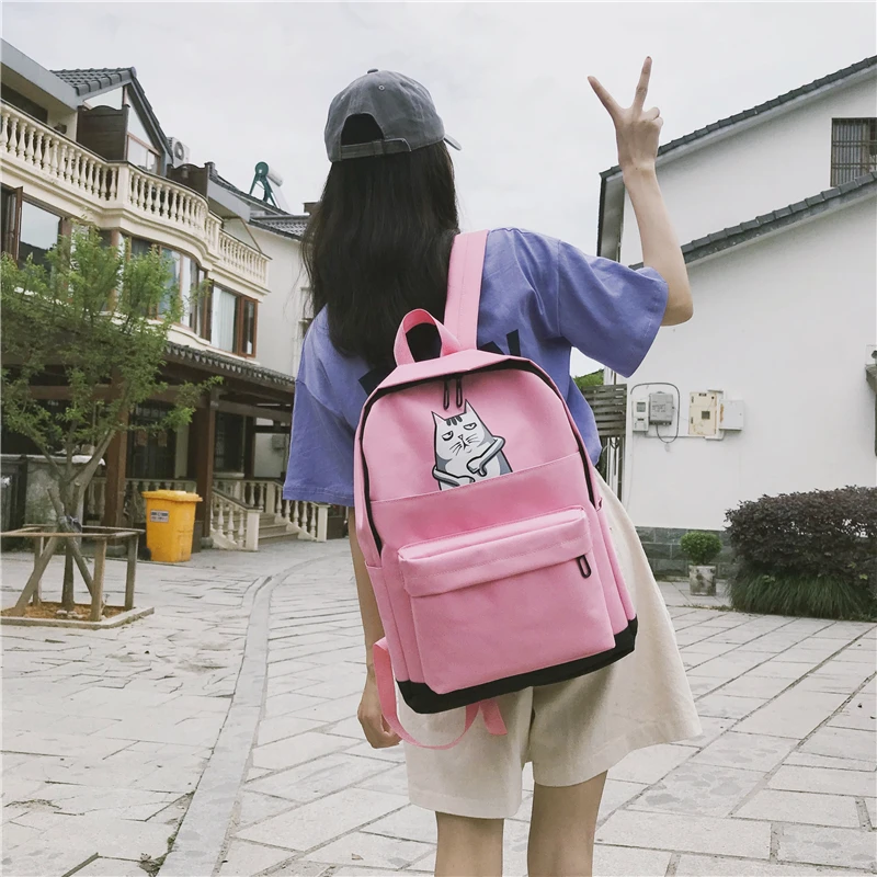 Menghuo Casual Women School Backpack Lovely Cat Printed Canvas Backpack Teenager Girls Large Capacity Ladies School Bag Mochilas (13)