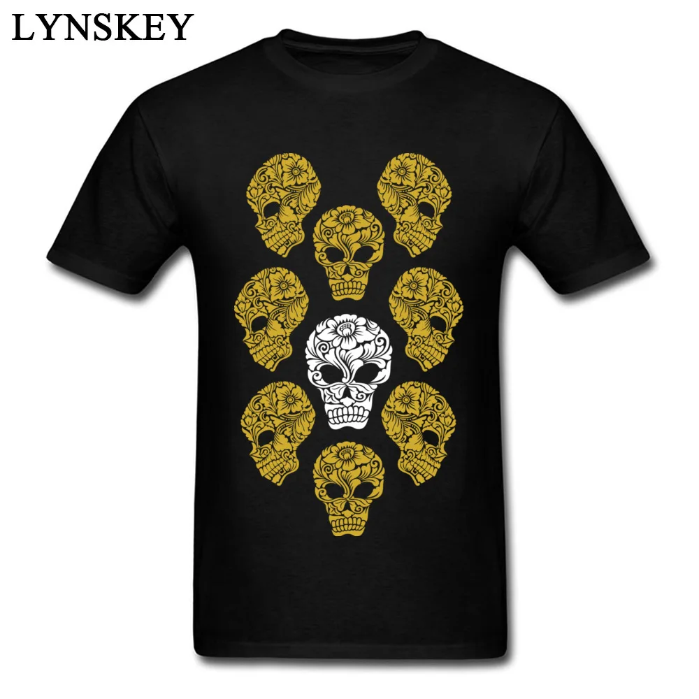 100% Cotton Men Short Sleeve T-Shirt Printed On Tops Tees Cheap Design Crewneck Tee Shirts White and gold skull heads White and gold skull heads black