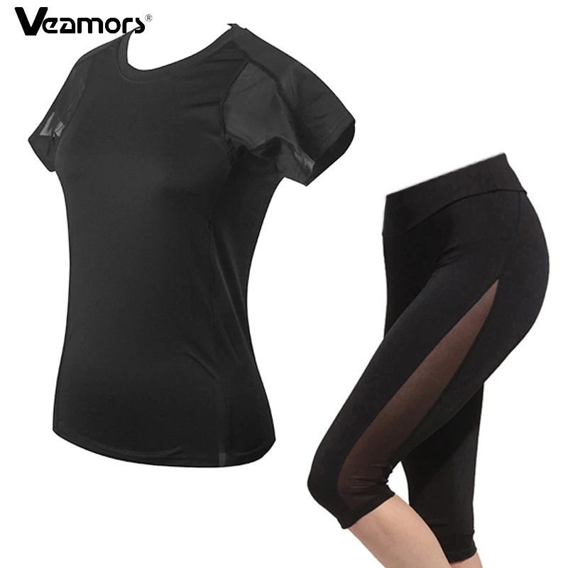 Veamors Sexy Mesh Yoga Sets Women Breathable Yoga Topsand Pants Sport Suit Elastic Slim Fitness