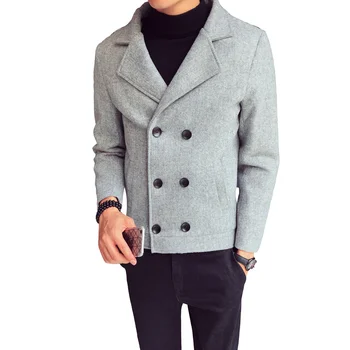 

Autumn Winter Solid Color High Quality Short Wool Coat Men Suit Collar Double-breasted Slim Fit Youth Casual Simple Male Jackets
