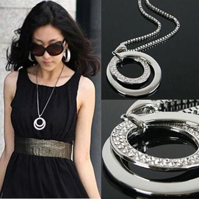 

Hot Long Sweater Chain Necklace Women Fashion Crystal Rhinestone Chunky Silver Plated Double Circle Pendant Necklace Wholesale