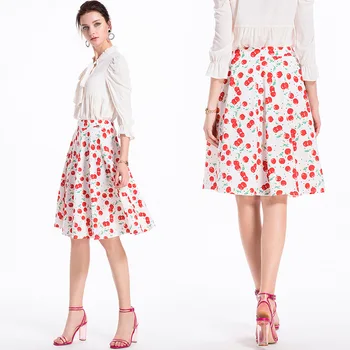 

Fashion Women Spring Summer Tulle Skirt Falda Mujer XXL XL Elegant Cherry Print Midi Skirts High Waist Umbrella Skirts