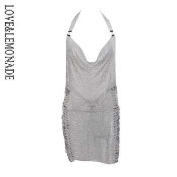 

LOVE & LEMONADE Silver Chain Rhinestone Cut Out Open Back Dress LM0669