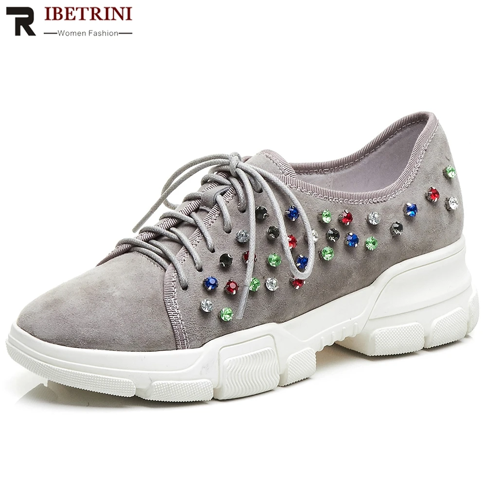 

RIBETRINI 2019 Size 34-40 High Quality Dropship Flat Platform Black Shoes Woman Flats Lace Up Rivet INS Hot Flats Woman Shoes