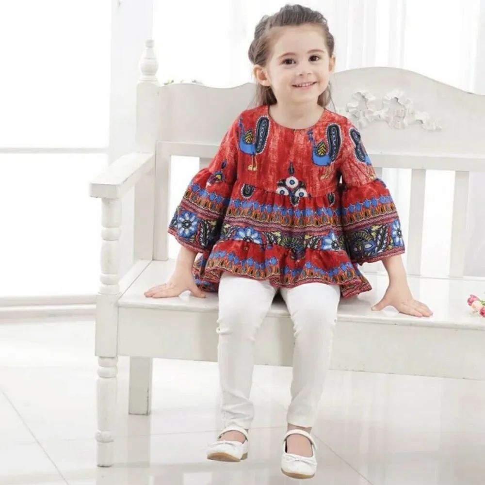 Baby Girls T-shirt Dress Spring Summer Peacock Bell Sleeve Irregular Top Children's Clothes For Girl Tee Costumes Kids Dresses