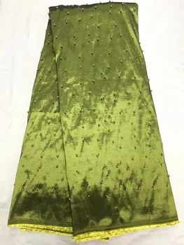 

New Design 2017 Elegant green lace fabric with beads!high quality satin george lace fabric for nigeria wedding dress&sawing