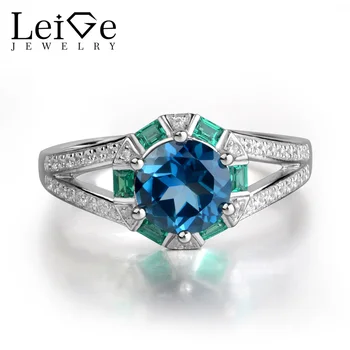 

Leige Jewelry 925 Sterling Silver Rings London Blue Topaz Engagement Rings for Women Round Cut Prong Setting Gemstone Jewelry