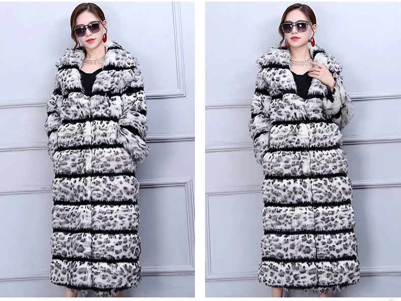 Nerazzurri высококачественное пальто из искусственного меха с леопардовым принтом женское длинное Элегантное зимнее утепленное пальто Макси размера плюс из лисьего меха 5xl