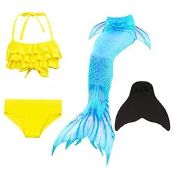 Детские летние купальные костюмы для детей, бикини с желтыми оборками + Купальник с хвостом русалки для девочек