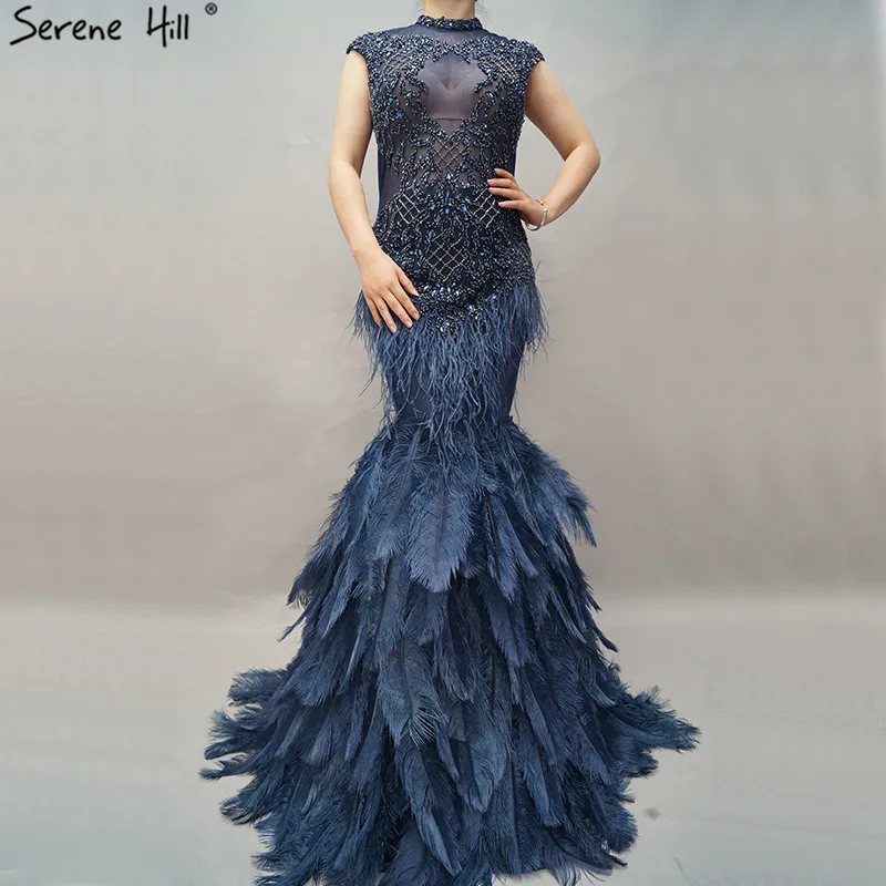 Роскошные темно-синие вечерние платья русалки с перьями дизайн Кристальные прозрачные вечерние платья с высоким воротом Дубай BLA60734