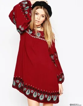 

Vestidos 2019 Luxury Embroidery Vintage Dress Red Loose Long Sleeve Knee-length Dresses Free Shipping