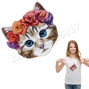 

Flower Cat Applique Stickers New Washable T-Shirt Decoration Heat Transfer Badges Diy Accessory Iron-On Transfers Animal 351
