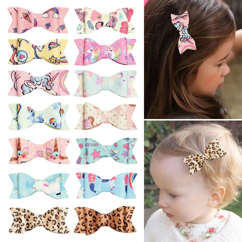 

1PCS 3.2 Inch Cute Unicorn Printed Hair Bows for Girls Double Layers Cartoon Leather Glitter Hair Clips Kids Hair Accessorie 954