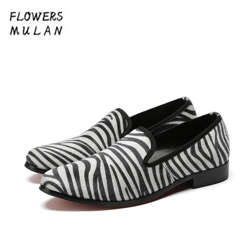 

Round Toe Zebra Pattern Mixed Color Genuine Leather Men Casual Shoes Slip On Soft Rubber Heel Footwear Handmade Loafers Shoes
