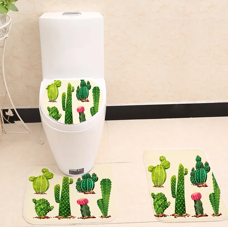 

3pcs/set Cactus Design Printing Toilet Seat Cover Flannel Fabric Toilet Case Bathroom Non-slip Mat Home Decoration Products