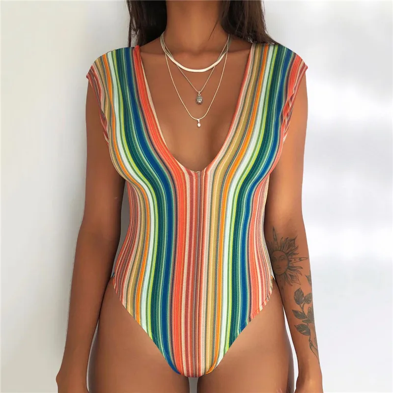 

Women One-piece Rainbow Striped Swimsuit Ladies Elegant Body Swimwear Fashin V Neck Monokini Bandage Bathing Suit Bikini