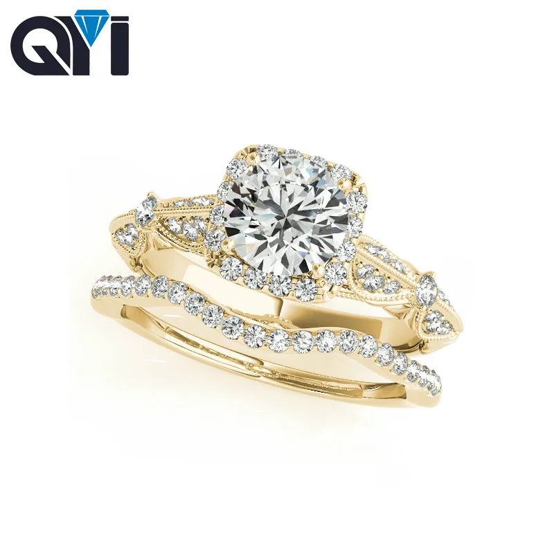 Customized Jewelry Halo Wedding Rings Sets Round 1 Carat Moissanite Diamond Women 14K Yellow Gold Engagement Ring qyi 14k yellow gold halo ring sets 1 ct round moissanite diamond jewelry single row engagement wedding rings for women