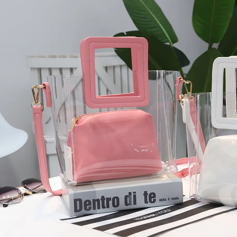 hot pink Новинка, желеобразная сумка с желтыми прозрачными ручками, женская дизайнерская сумка из ПВХ, 2 сумки, клатч, кошелек, женская сумка через плечо - Цвет: hot pink