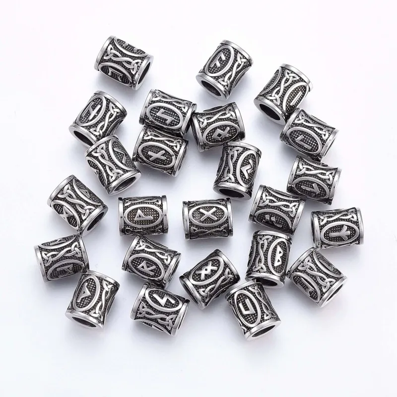 10pc Beads with Viking Runes/Futhark/Futhorc Large Hole Column 304 Stainless Steel For DIY Making Necklaces Bracelets | Украшения и