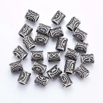 

10pc Beads with Viking Runes/Futhark/Futhorc Large Hole Beads Column 304 Stainless Steel For DIY Making Necklaces Bracelets