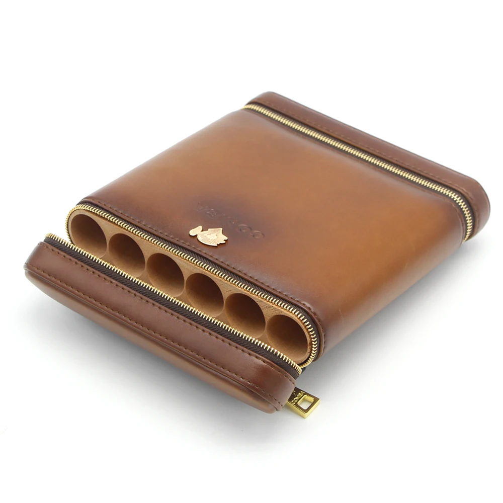 

COHIBA Cigar Humidor Leather Cedar Wood Lined Travel Cigar Case 6 Tube Portable Humidor Box with Humidor Humidifier