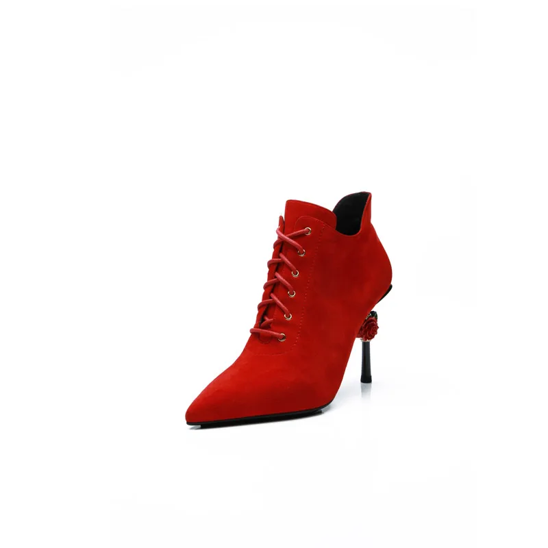 2018 Newest Luxury Rose Heel Bootie Red Lace Up High Heel Pumps Women Suede Party Autumn Shoes Women's Shoes